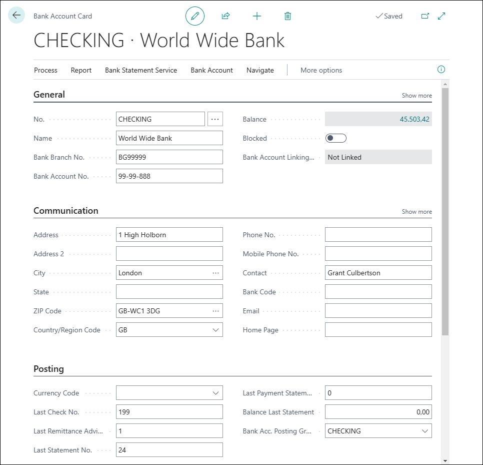 Screenshot of the Bank Account Card page