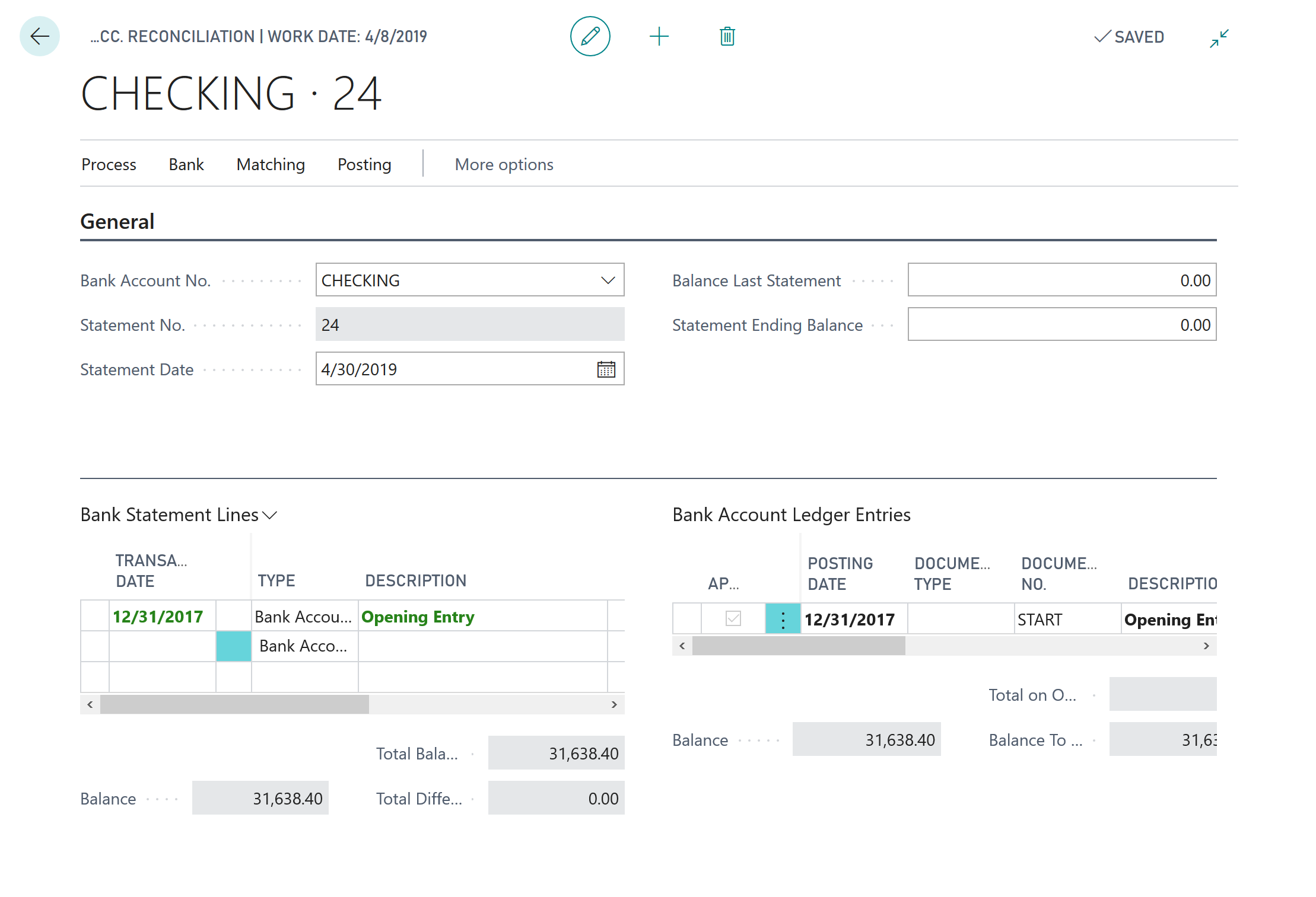 Screenshot of the Bank Account Reconciliation page