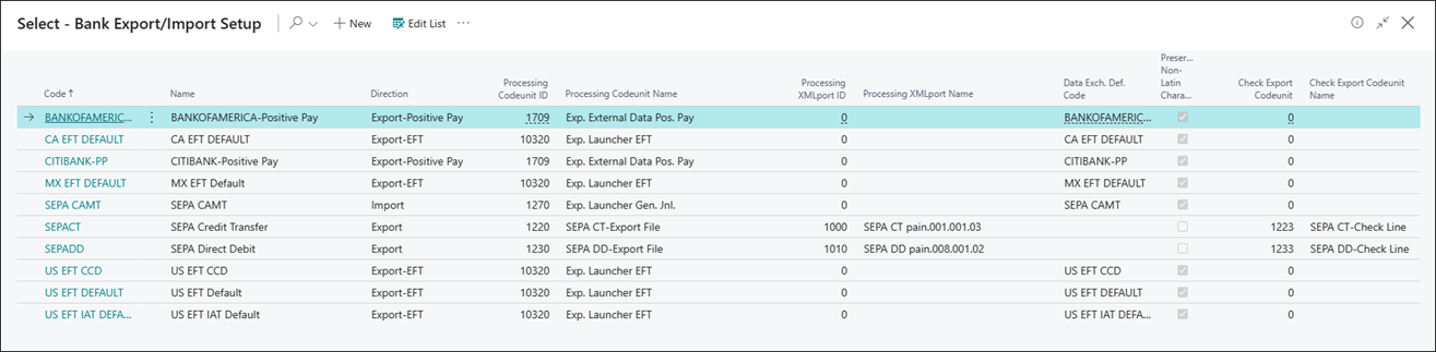 Screenshot of the Bank Export/Import page