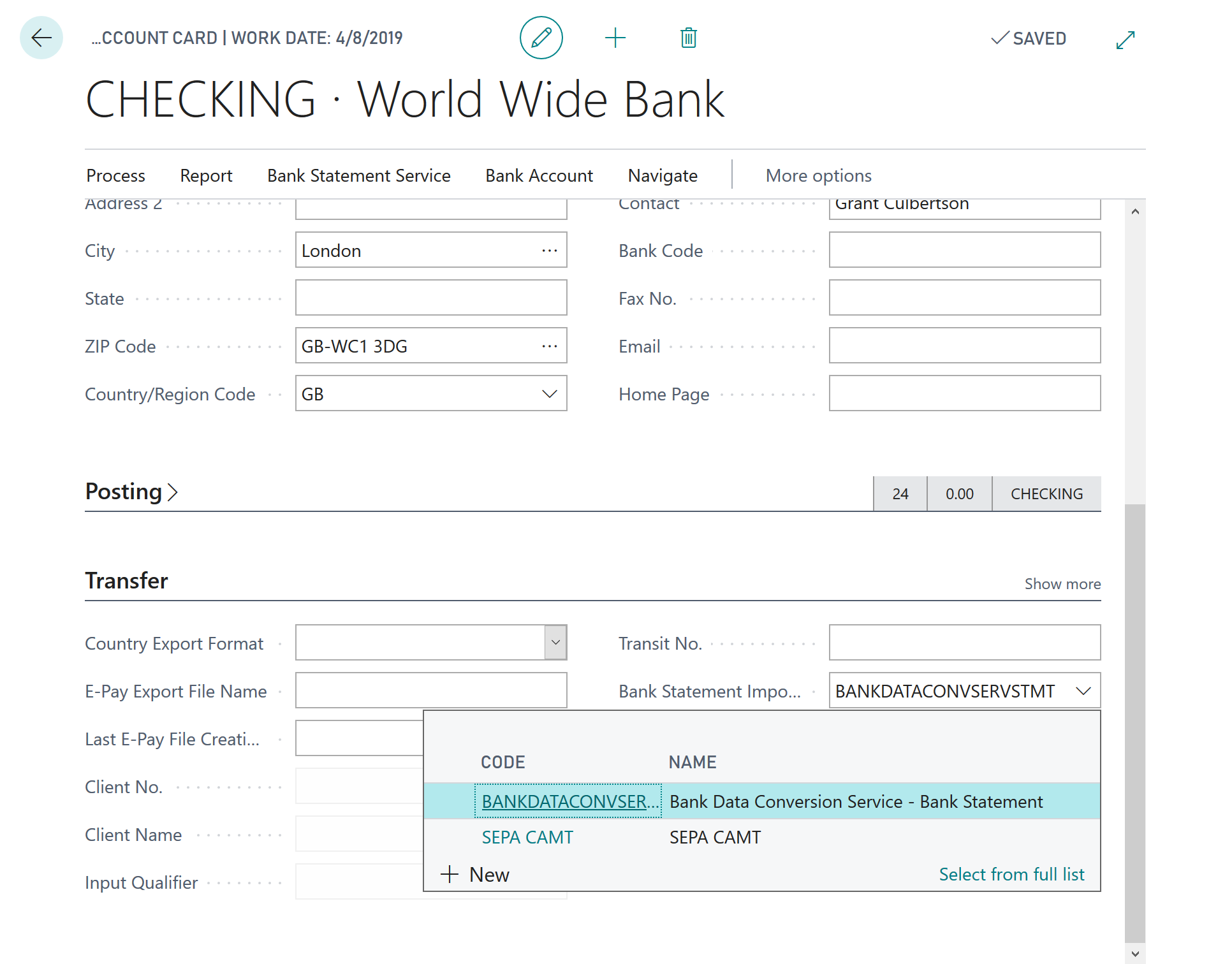 Screenshot of the bank statement import format field