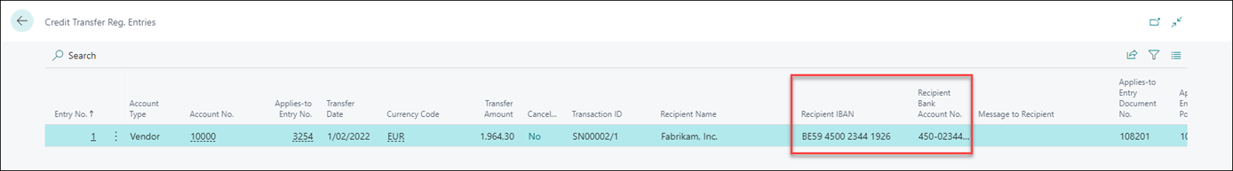 Screenshot of credit transfer register entries