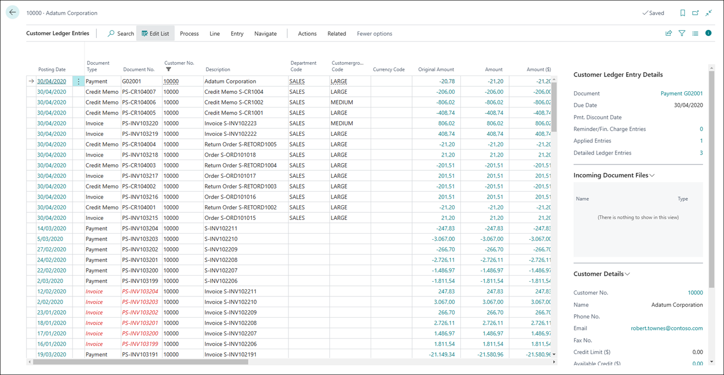 Screenshot of Customer Ledger Entries