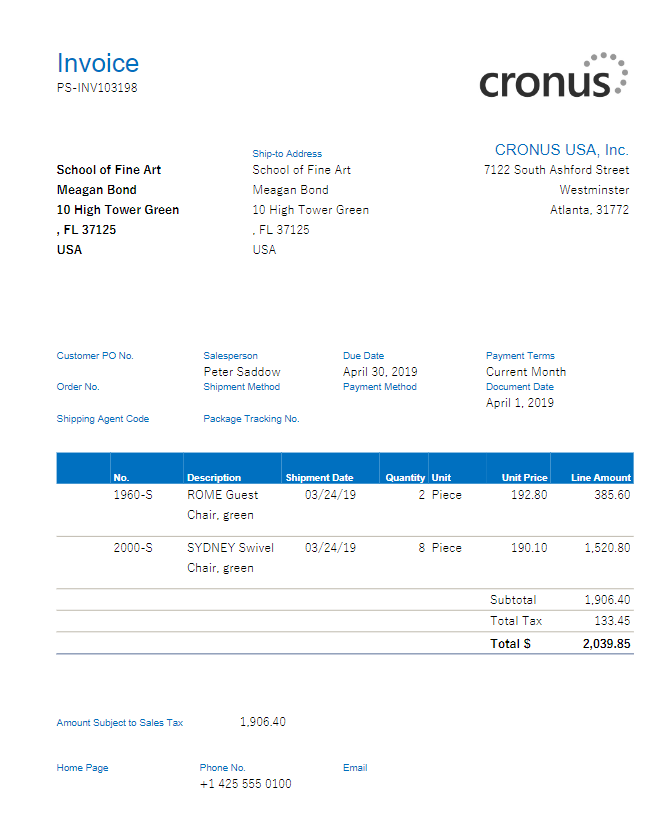 Screenshot of the document invoice layout.