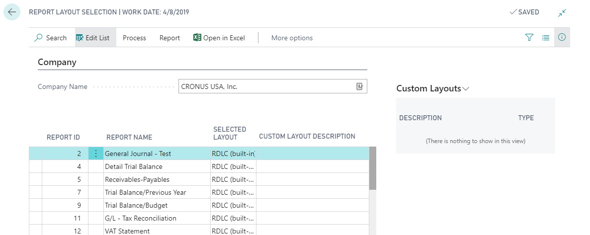 Screenshot of the Report Layout Selection page.