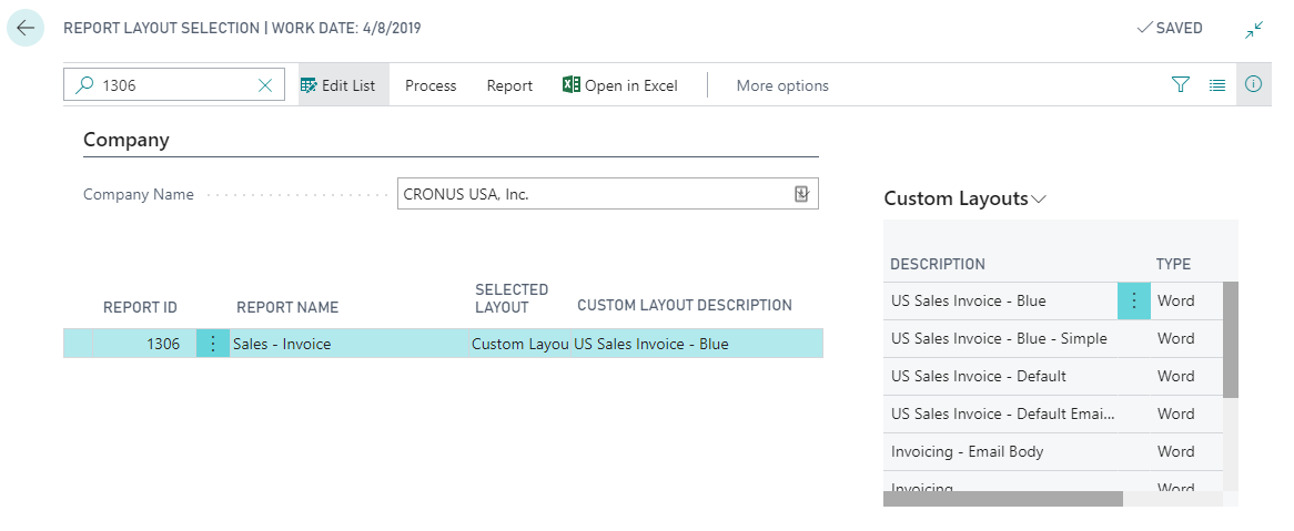 Screenshot of the Report Layout Selection Page with 1306 Sales Invoice displayed.