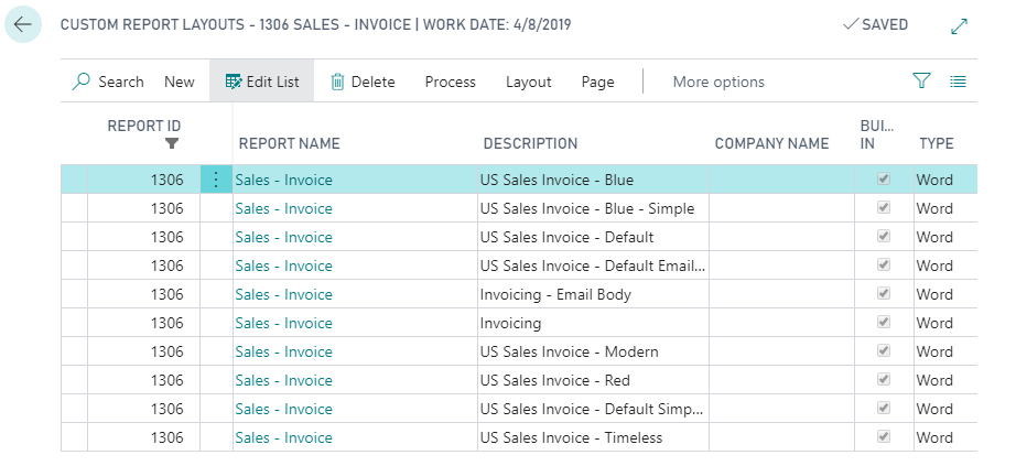 Screenshot of the Custom Report Layouts page.