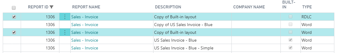 Screenshot of the Custom Report Layouts page with copies listed.