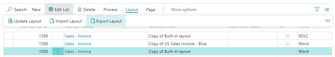 Screenshot of the Export Layout action on the Custom Report Layouts page.