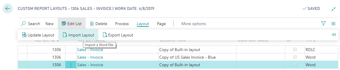 Screenshot of the Import Layout action on the Custom Report Layouts page.