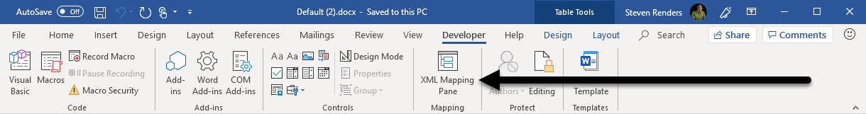 Screenshot of the XML mapping pane button on the ribbon.