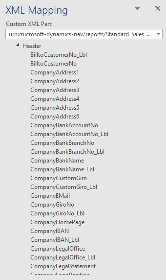 Screenshot of the XML mapping pane Custom XML Part header fields.