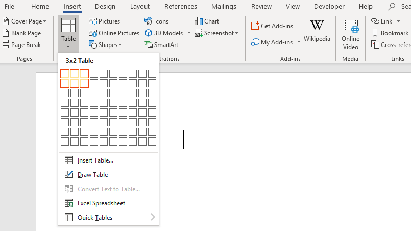 Screenshot of the Insert Table feature in the Word document.