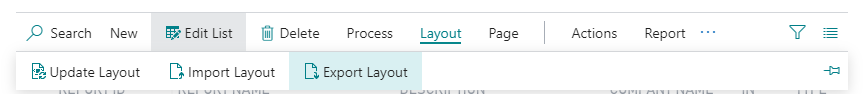 Screenshot of the Export Layout button on the Custom Report Layouts page.