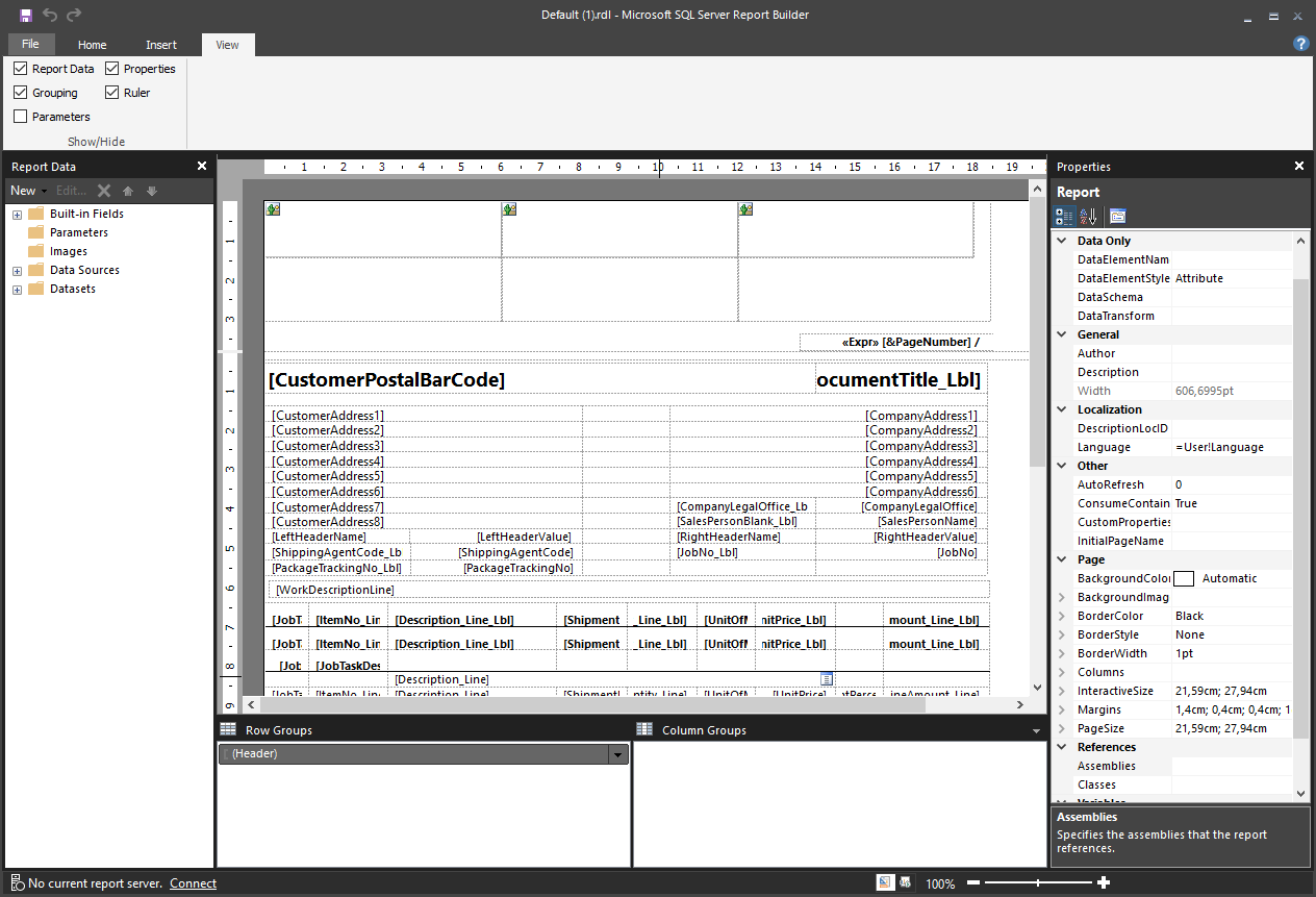 Screenshot of the file opened with Report Builder.