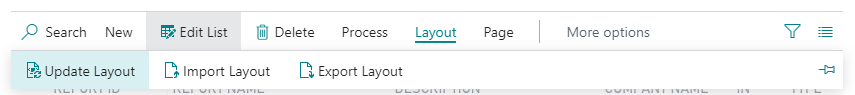 Screenshot of the Update Layout action on the Report layouts page.