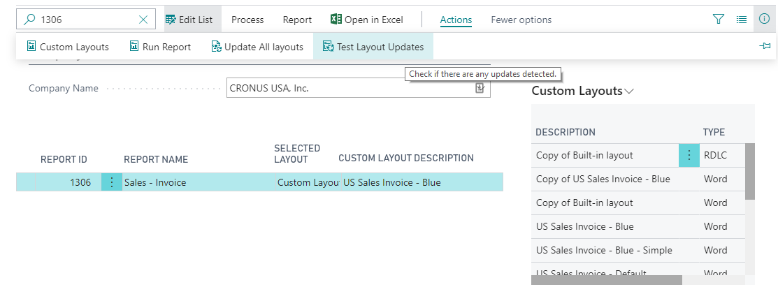 Screenshot of the Test Layout Updates action.