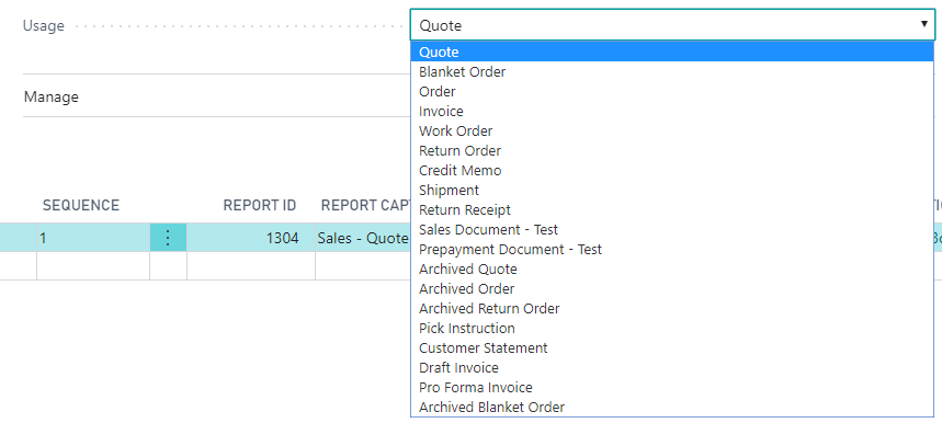 Screenshot of the Report Selections Sales Usage drop down.