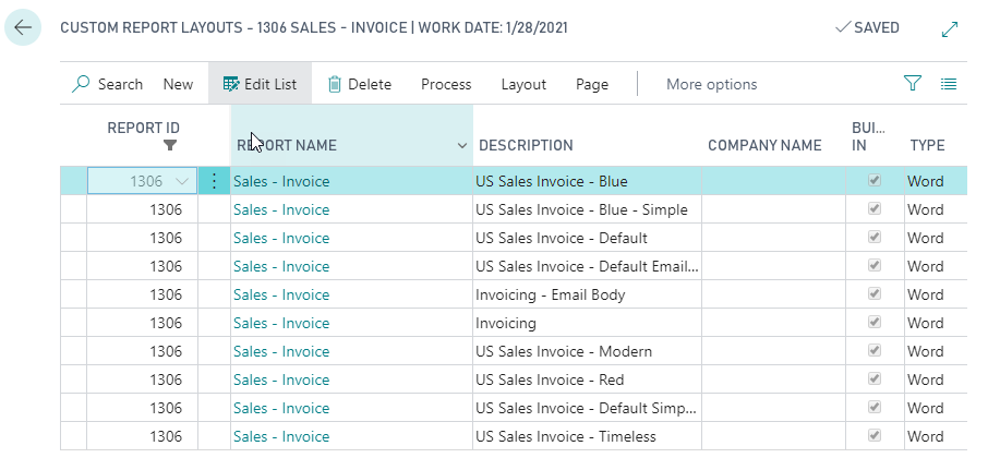 Screenshot of the Custom Report Layouts results.