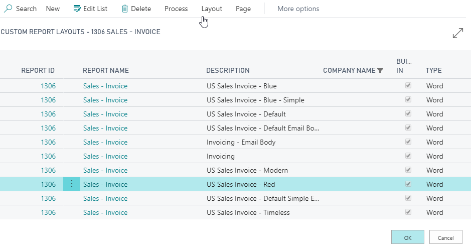 Screenshot of the Custom Report Layouts page with the US Sales Invoice - Red selected.