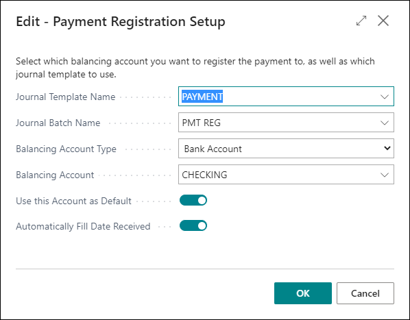 Screenshot of Payment Registration Setup