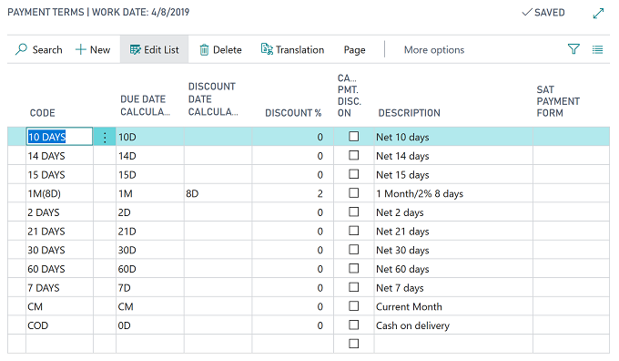 Screenshot of Payment Terms