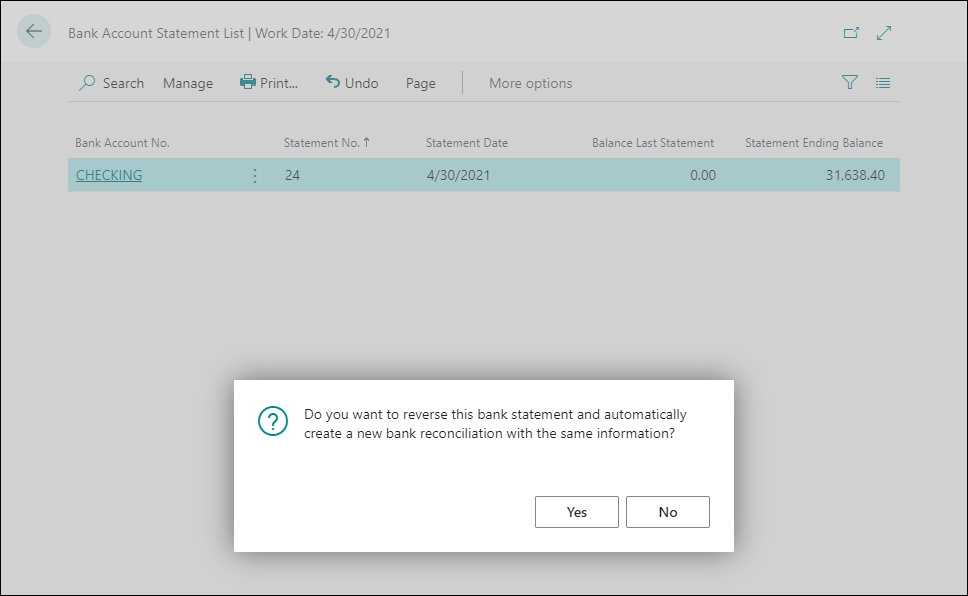 Screenshot of the undo bank account statement page