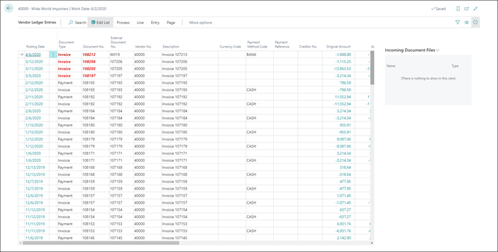 Screenshot of Vendor Ledger Entries